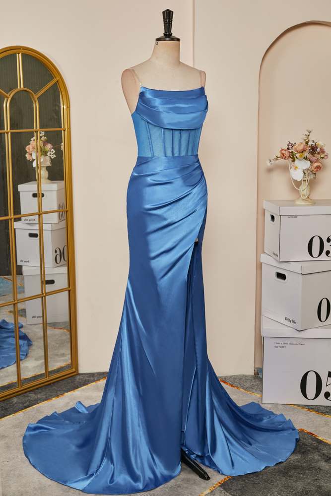 blue pleated strapless dress Simple A Line Scoop Neck Blue Silk Satin Long Bridesmaid Dresses with Slit  ABBD061803 – Anniebride main image 1