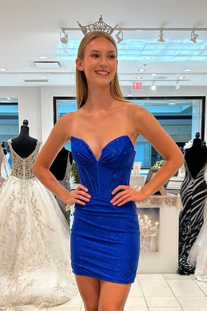 Sparkly Royal Blue Strapless Satin Sheath Homecoming Dress – Dreamdressy