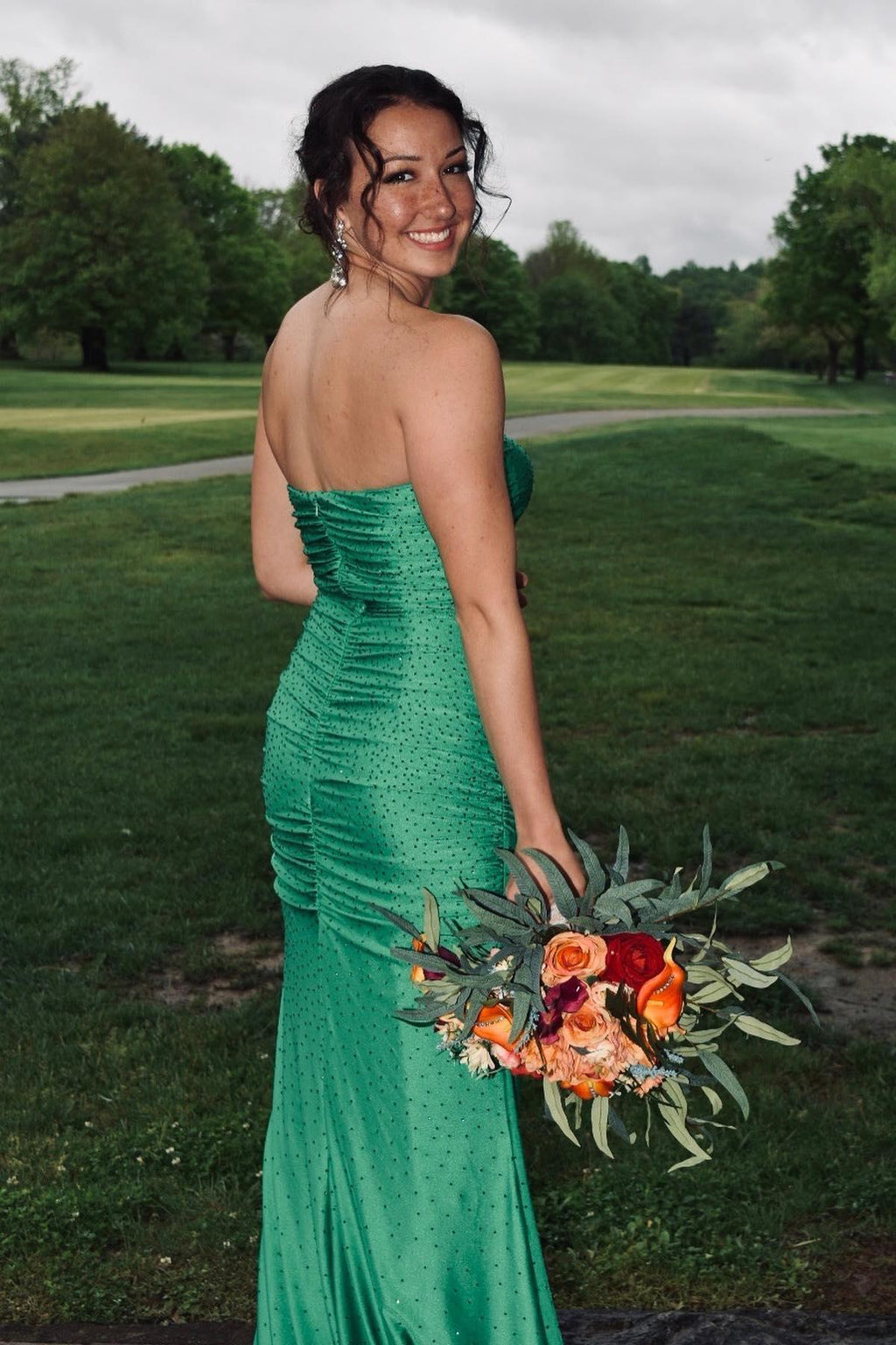 Strapless Green Beaded Ruched Long Prom Dress – Dreamdressy
