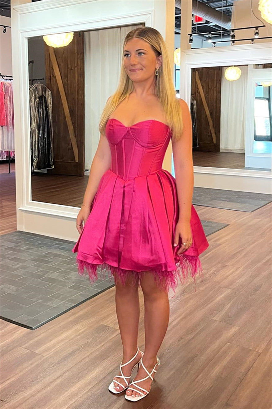 Barbie Pink Strapless Lace-Up A-line Satin Homecoming Dress with Feath Dreamdressy Barbie Pink Strapless Lace-Up A-line Satin Homecoming Dress with Feath Dreamdressy