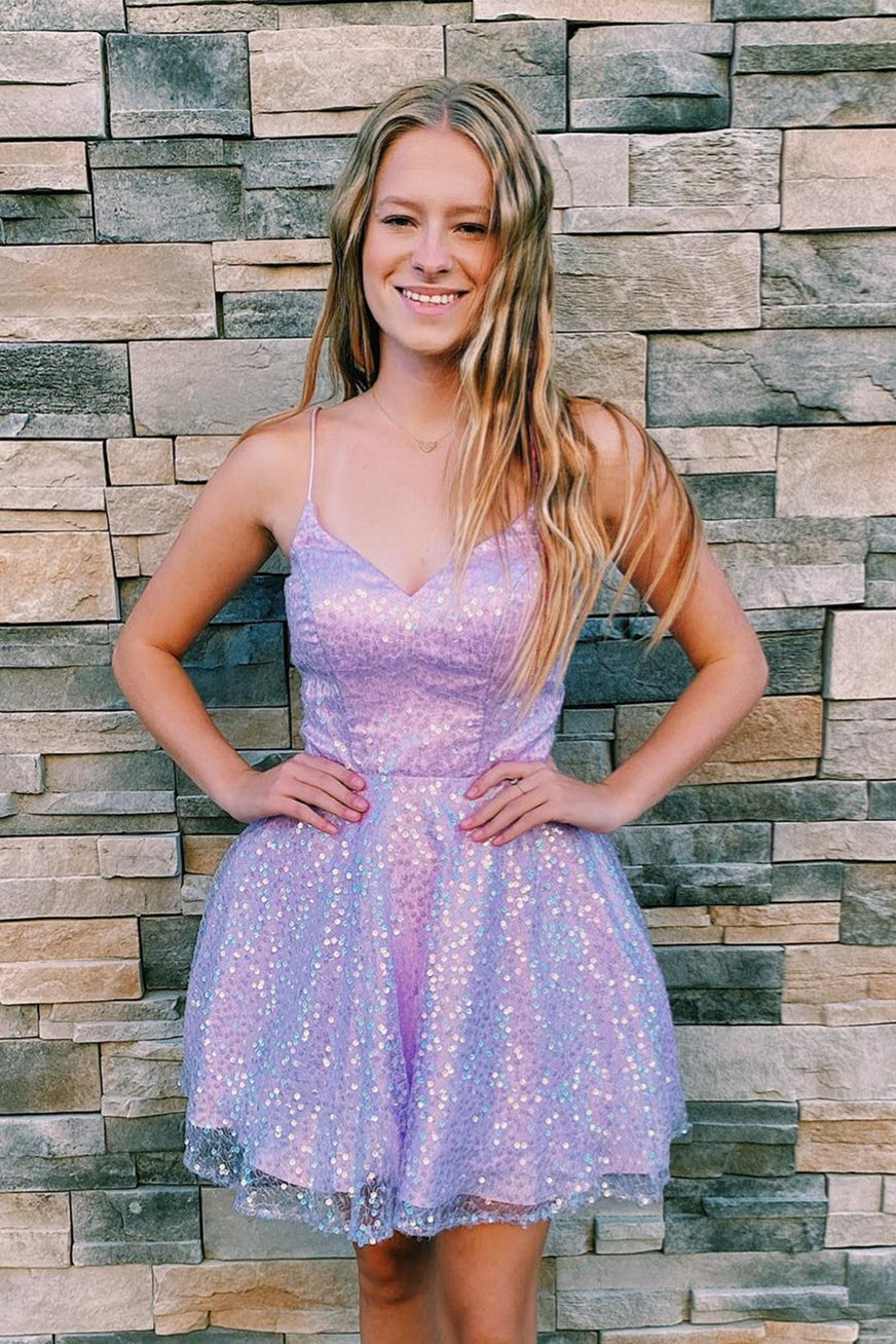 lilac purple homecoming dresses A-line Sequins Straps V Neck Dress – Dreamdressy Size 30 Elegant Dresses Formal Dress Web Collection: Races Ready Color:White&Gray