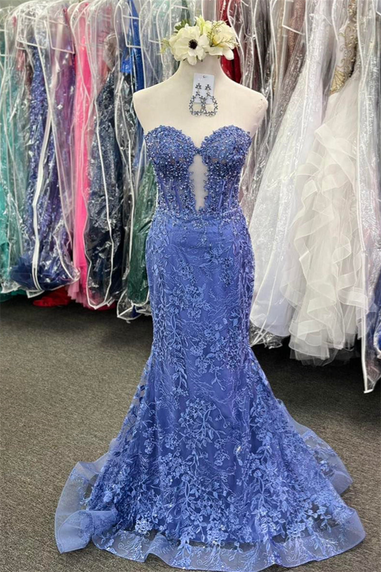 Periwinkle Strapless Floral Mermaid Long Prom Dress – Dreamdressy