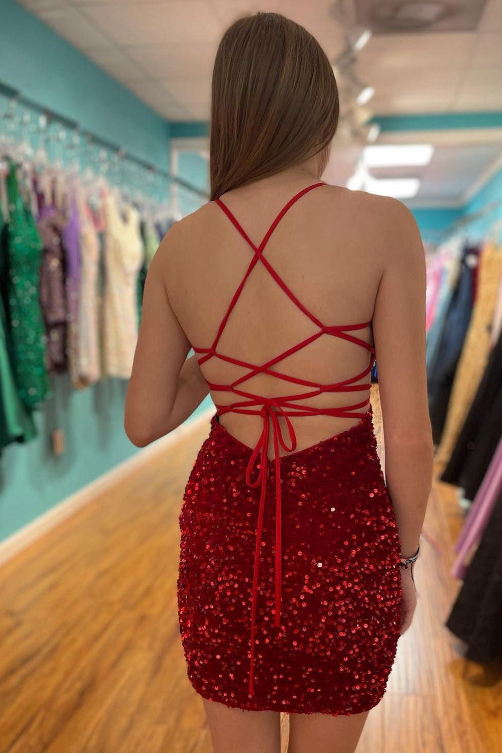 Red Tight Sequins Lace-Up Sheath Homecoming Dress Dreamdressy Red Tight Sequins Lace-Up Sheath Homecoming Dress Dreamdressy