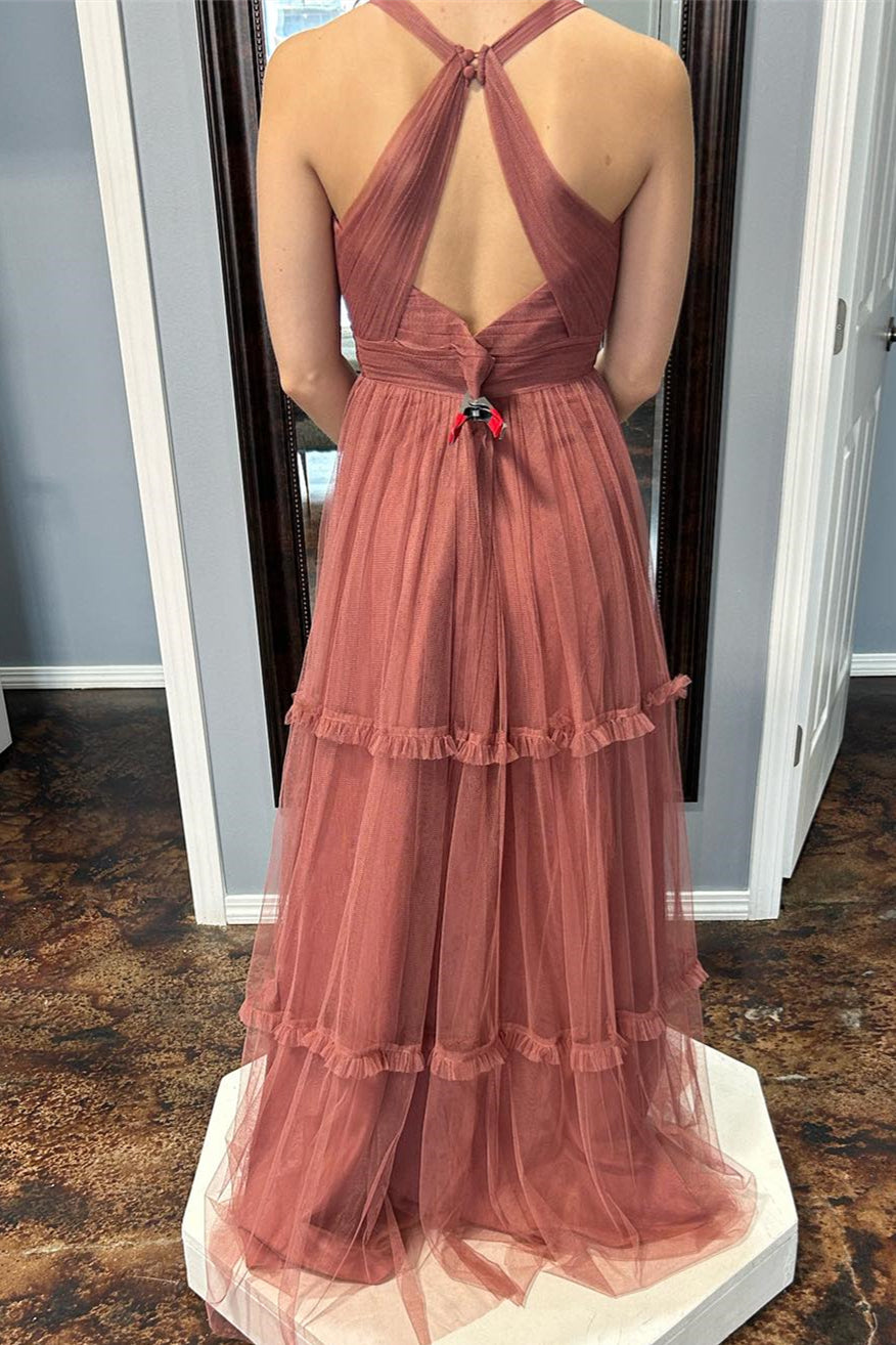 blue dress for baby girl Dusty Rose Halter A-line Ruffles Tulle Long Bridesmaid Dress – Dreamdressy