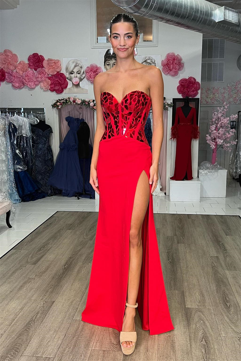 Royal Blue Mirror-Cut Sequins Strapless Mermaid Long Prom Dress with S –  Dreamdressy