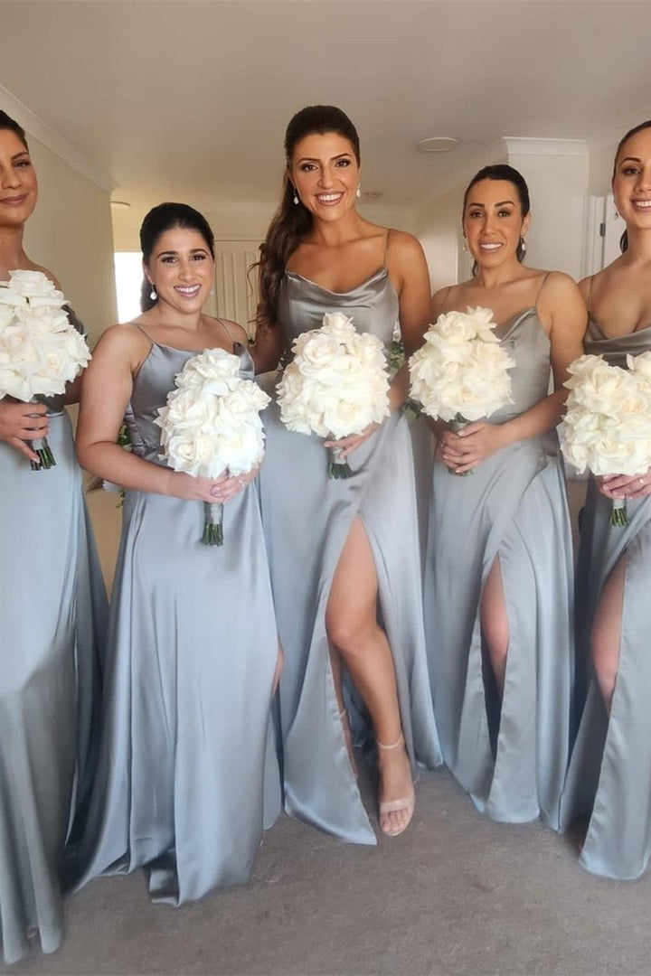 Dusty Blue Straps Cowl Neck Satin Long Bridesmaid Dress with Slit Dusty Blue Straps Cowl Neck Satin Long Bridesmaid Dress with Slit