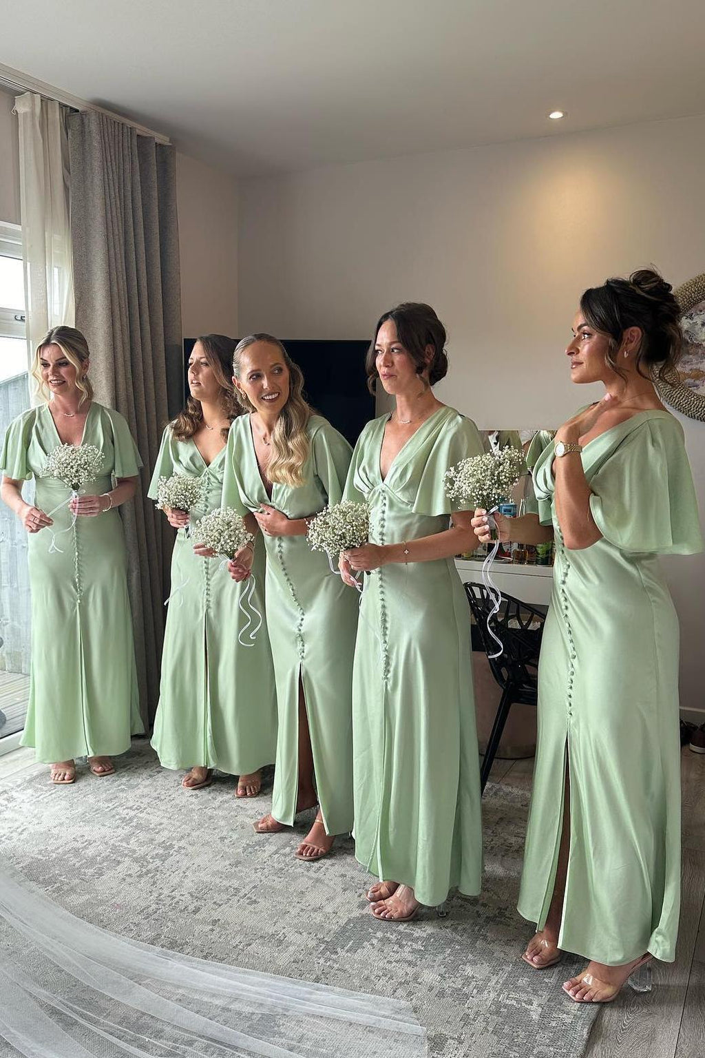 Flare Sleeves Sage Green Bridesmaid Dress with Buttons Flare Sleeves Sage Green Bridesmaid Dress with Buttons