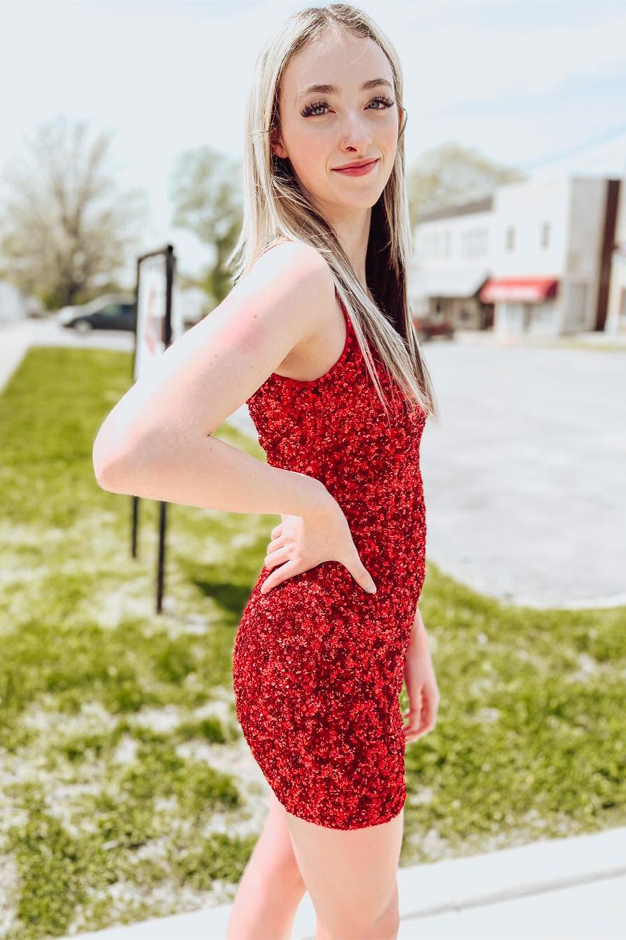 Red Sequins Cut-Out Straps Sheath Homecoming Dress – Dreamdressy