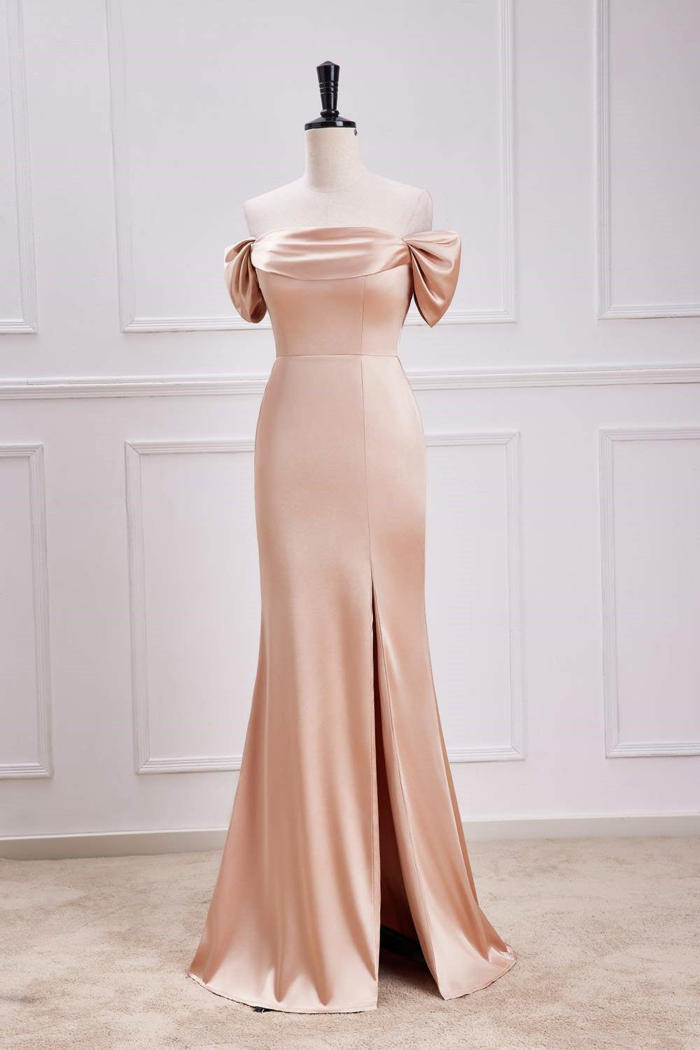 Champagne Off-Shoulder Mermaid Satin Long Bridesmaid Dress with Slit   Dreamdressy