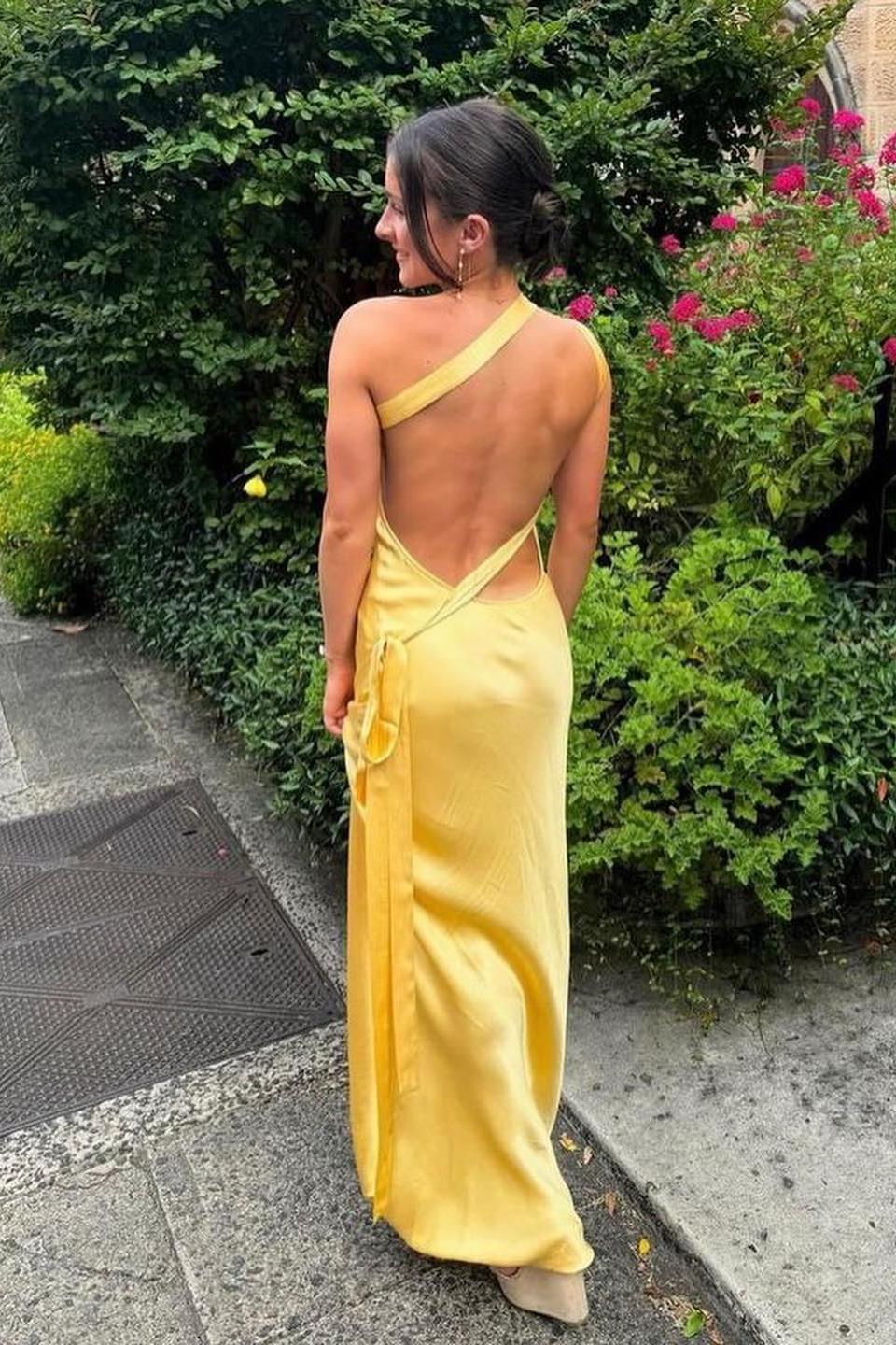 One Shoulder Yellow Soft Satin Fitted Party Dress Dreamdressy One Shoulder Yellow Soft Satin Fitted Party Dress Dreamdressy