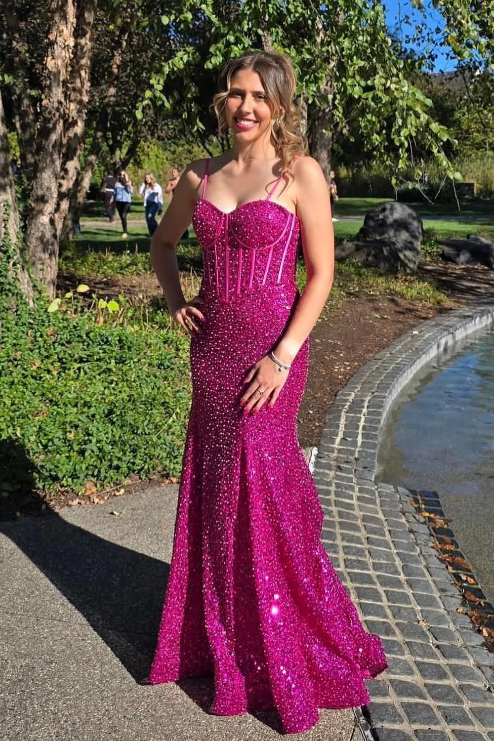 Light Blue Sequins Straps Mermaid Long Prom Dress  Dreamdressy