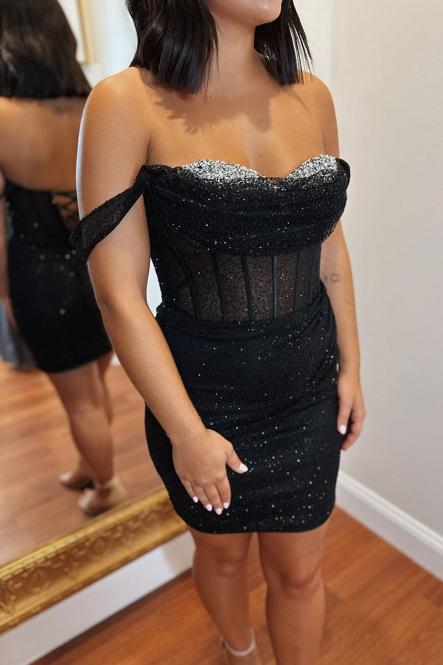 Black Beaded Off-the-Shoulder Sheath Homecoming Dress Dreamdressy Black Beaded Off-the-Shoulder Sheath Homecoming Dress Dreamdressy