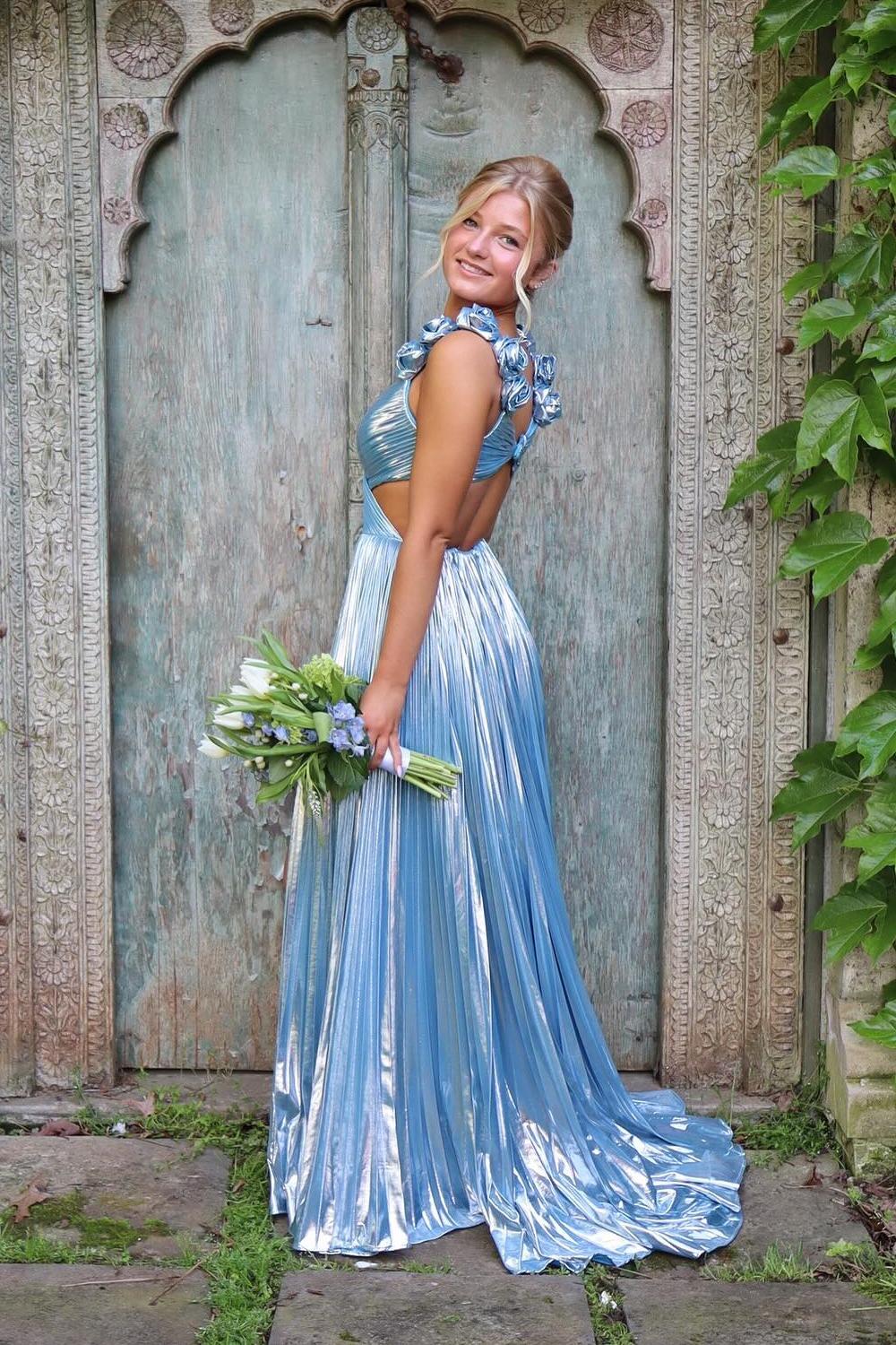 formal dress with cutouts Light Blue Metallic Pleated Long – Dreamdressy Edwardian era dress and long evening gowns size:US22W Charter Club Petite 2P