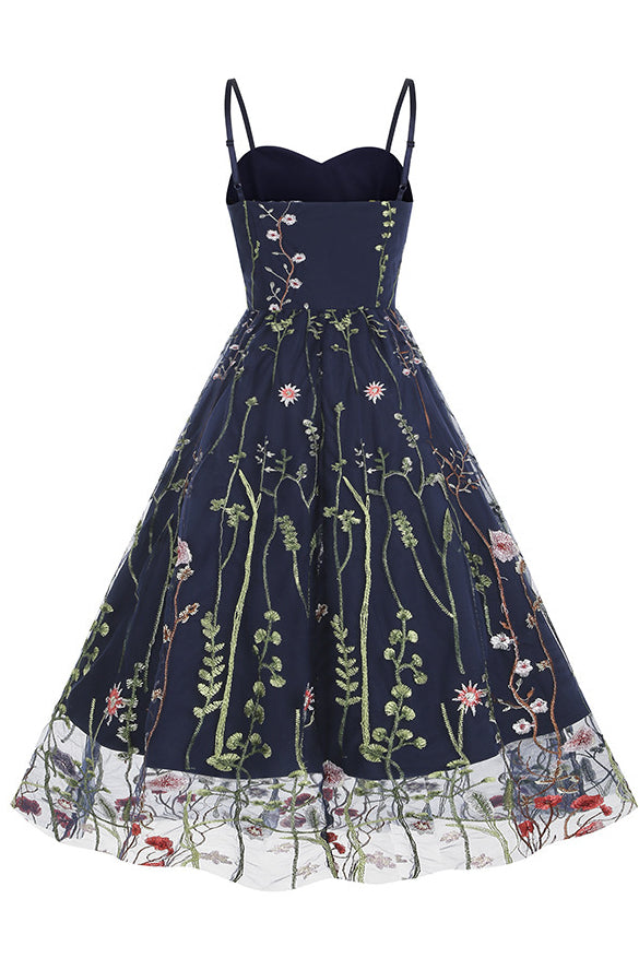 Dark Navy Floral Embroidery A-line Slip Vintage Dress – Dreamdressy