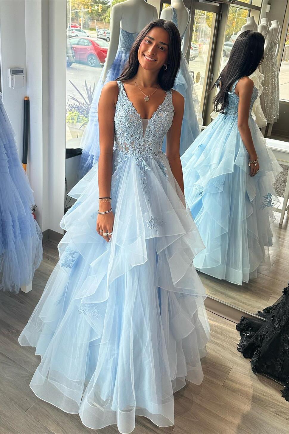 Princess Blue A-line Ruffles Long Prom Dress  Dreamdressy