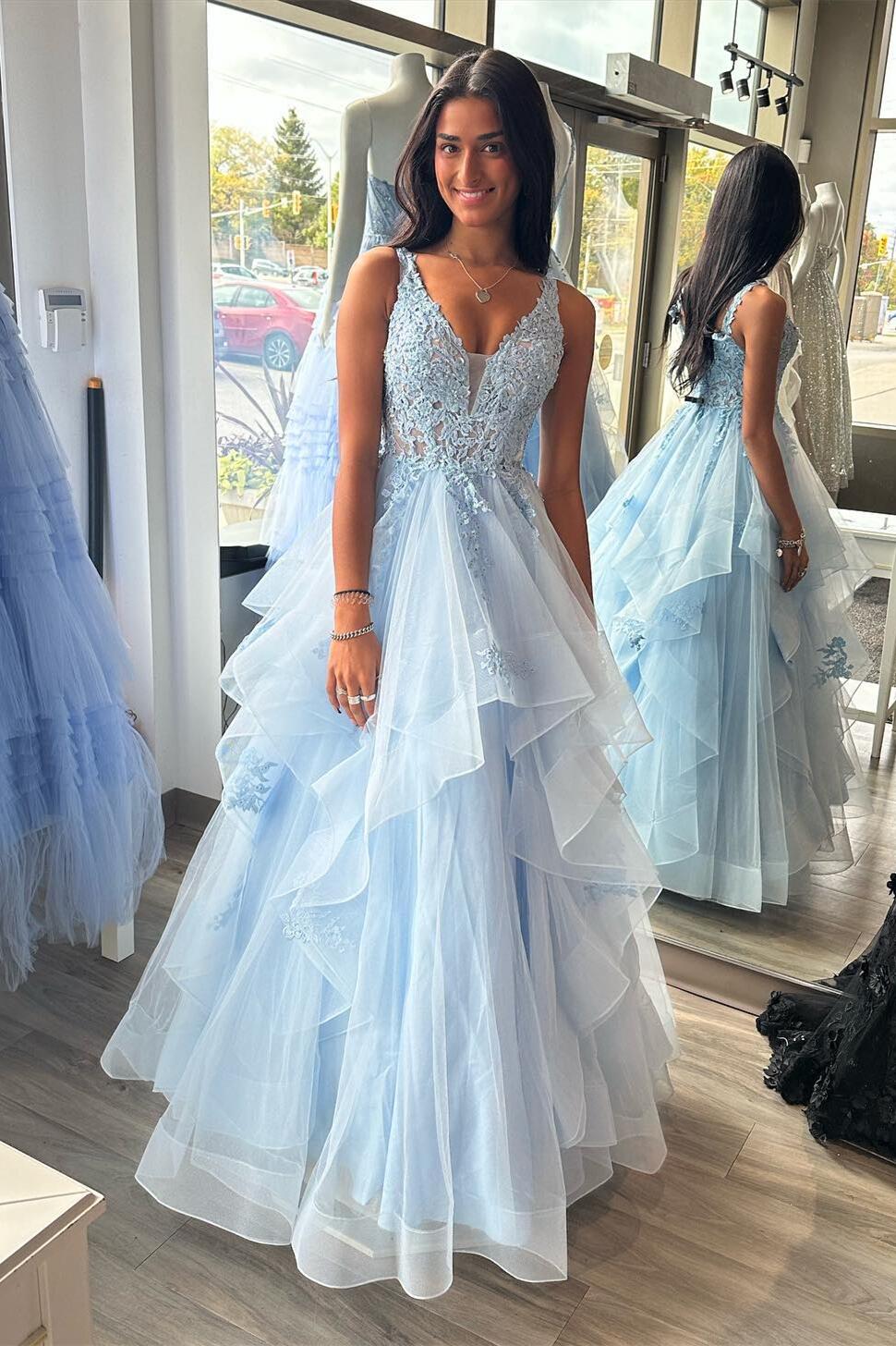 open lace back dress Princess Blue A-line Ruffles Long Prom Dress