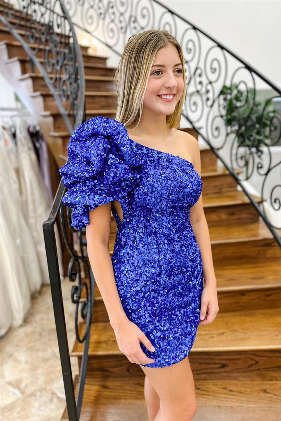 homecoming dress with puffy sleeves Royal Blue One Shoulder Puff Sleeve Sequins Sheath Homecoming Dress –  Dreamdressy