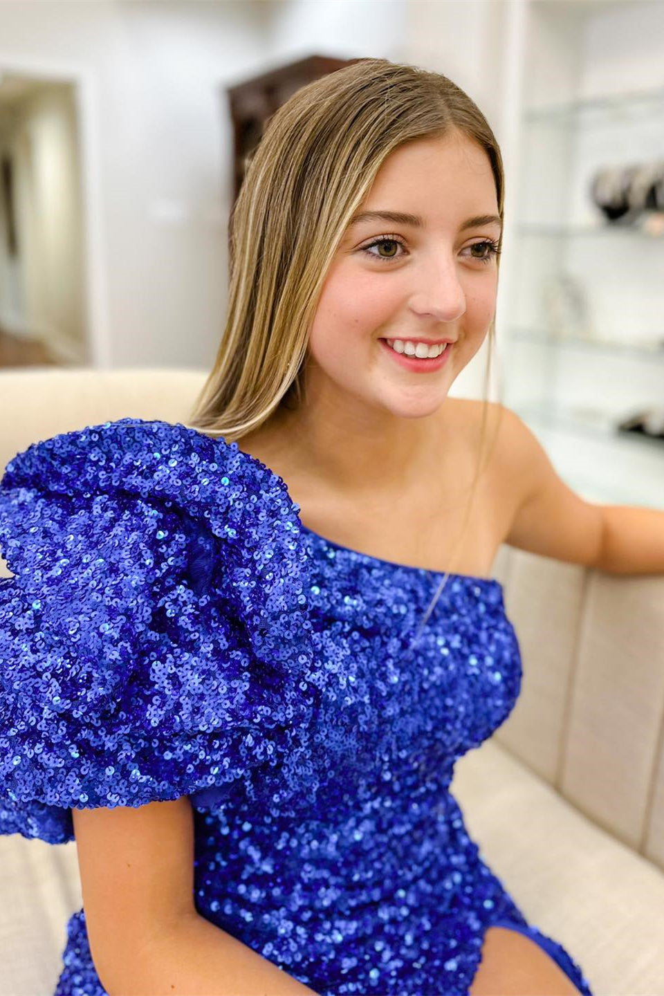 Royal Blue One Shoulder Puff Sleeve Sequins Sheath Homecoming Dress Royal Blue One Shoulder Puff Sleeve Sequins Sheath Homecoming Dress