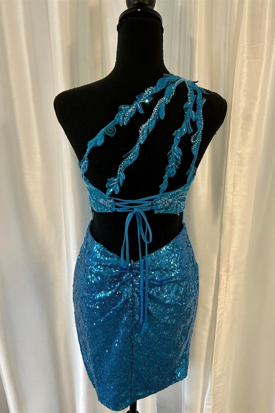 Blue One Shoulder Sequins Appliques Flower Straps Sheath Homecoming Dr –  Dreamdressy