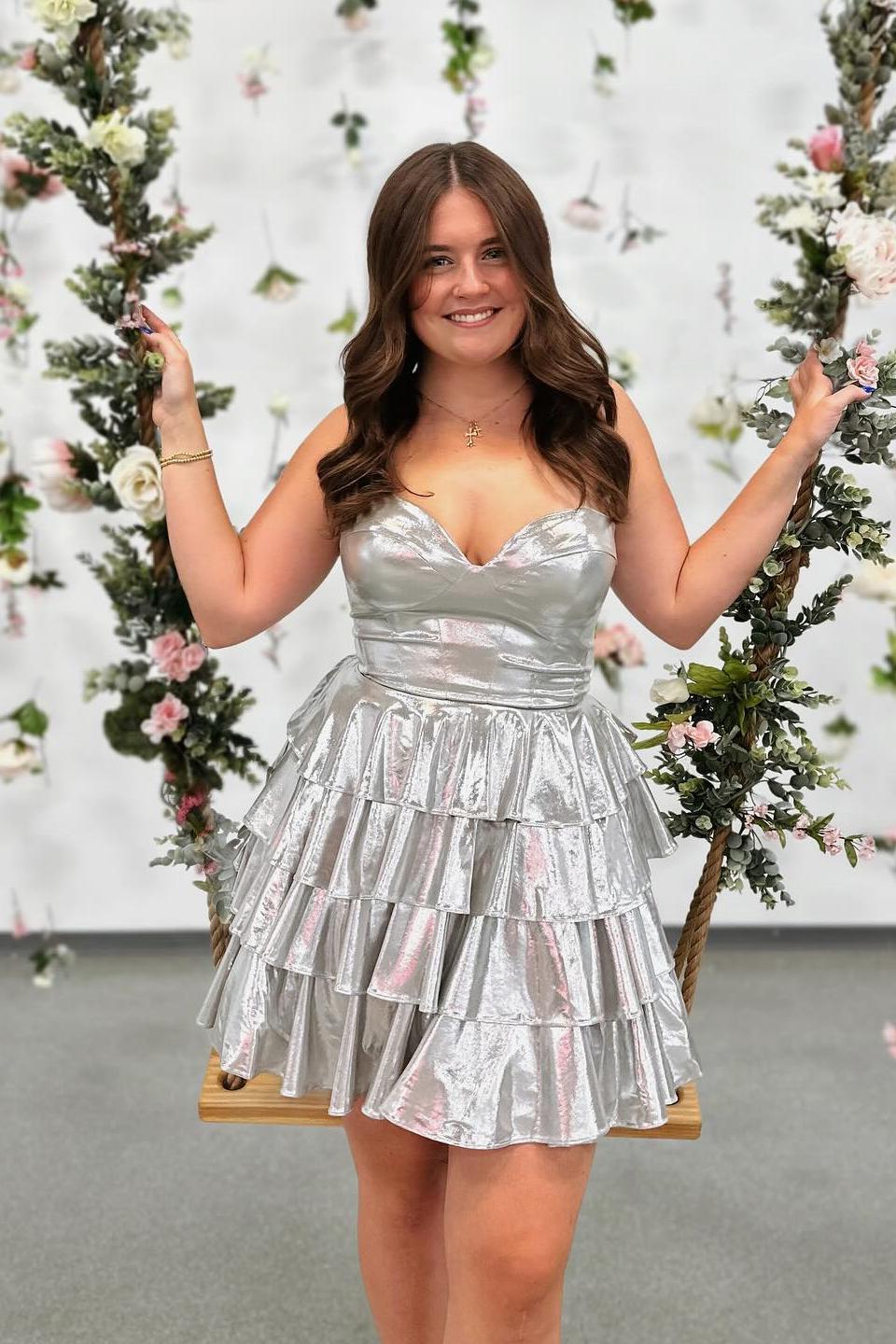 Gold Metallic Sweetheart A-line Short Tiered Party Dress Dreamdressy Gold Metallic Sweetheart A-line Short Tiered Party Dress Dreamdressy