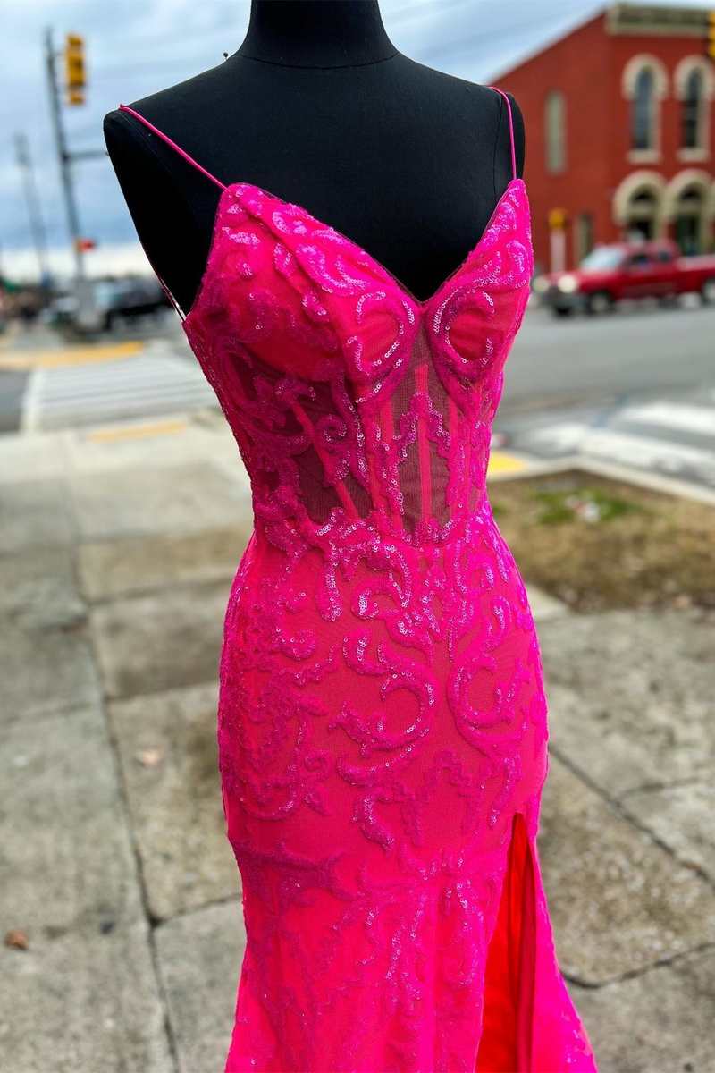 Neon Pink Floral Lace V-Neck Mermaid Long Formal Dress with Slit Neon Pink Floral Lace V-Neck Mermaid Long Formal Dress with Slit