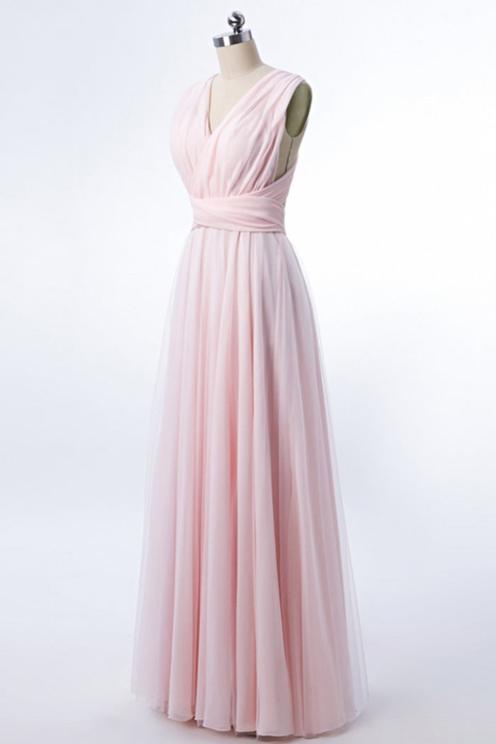 Blush Pink V-Neck Lace-Up A-Line Bridesmaid Dress – Dreamdressy