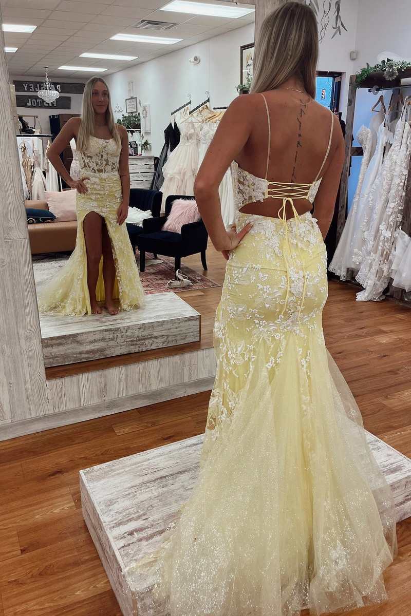 yellow prom dress with slit Yellow Chiffon A-line Strapless Keyhole Tiered Prom Dresses With Slit, MP994
