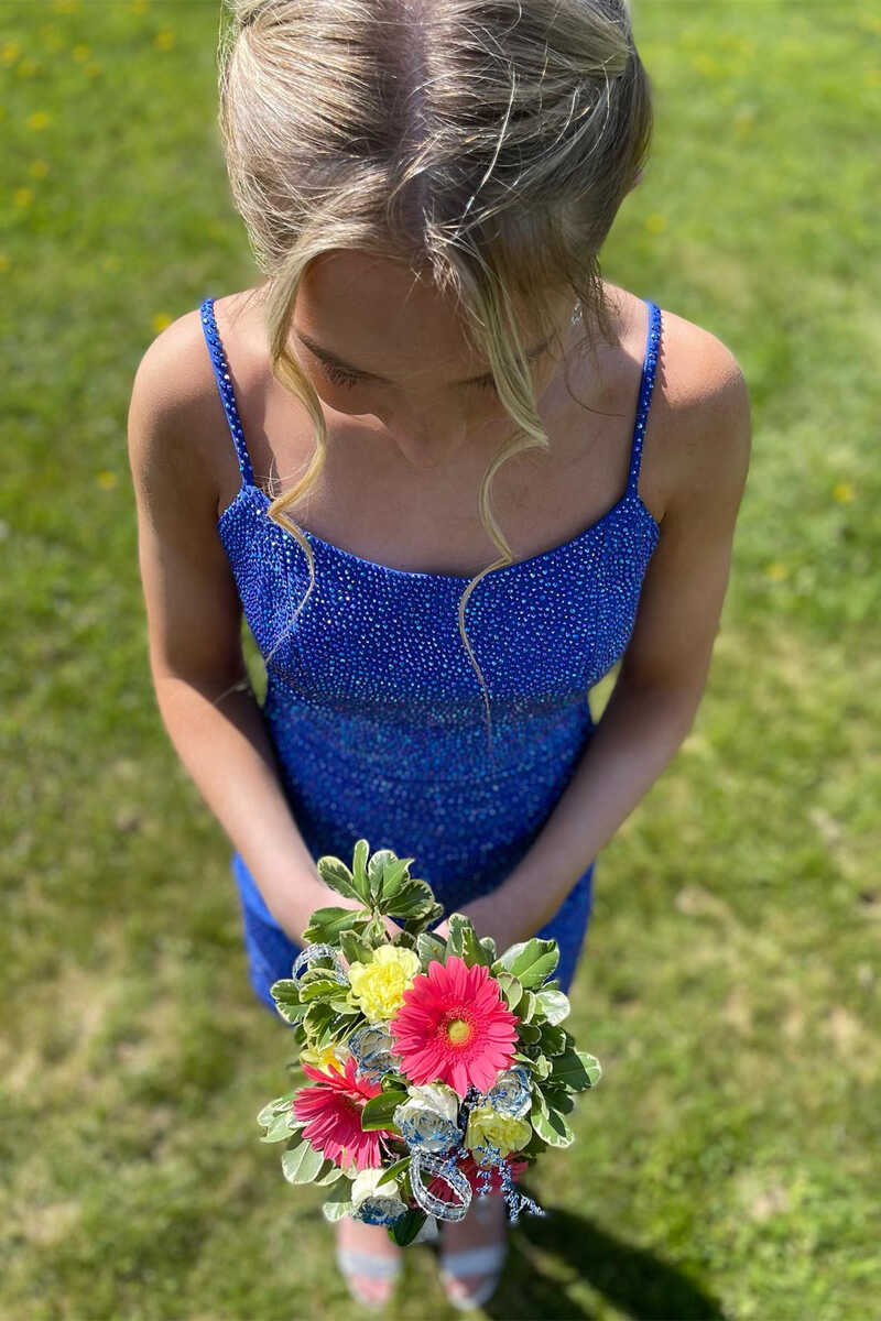 homecoming flowers for blue dress H4 Light Blue Homecoming Dress With Plunging V-neckline And Ornate Straps Light Blue / 2 main image 1