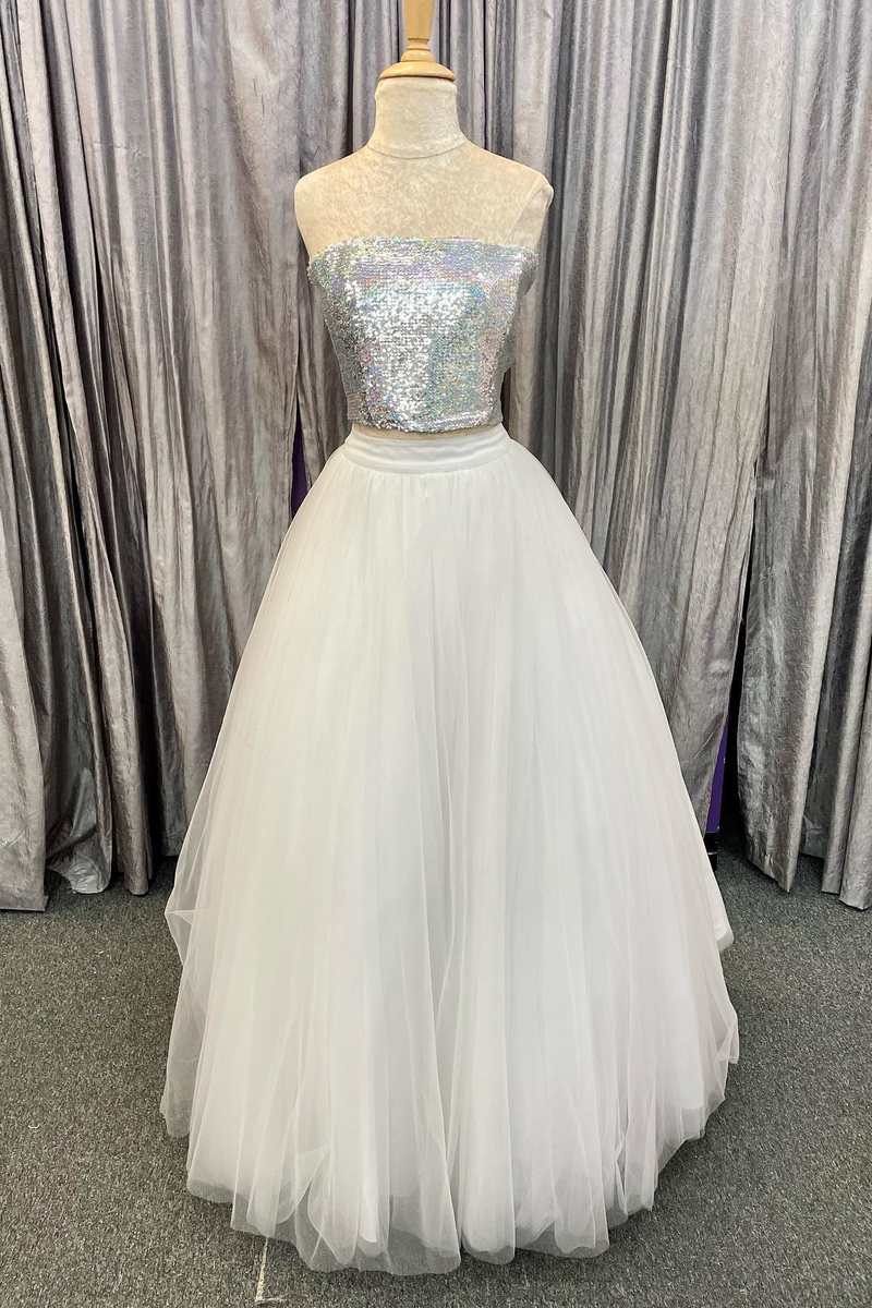 silver two piece prom dress Two Piece Grey Off the Shoulder Sequin Pattern Bodice Prom Dress with Ruffled Skirt pd1527