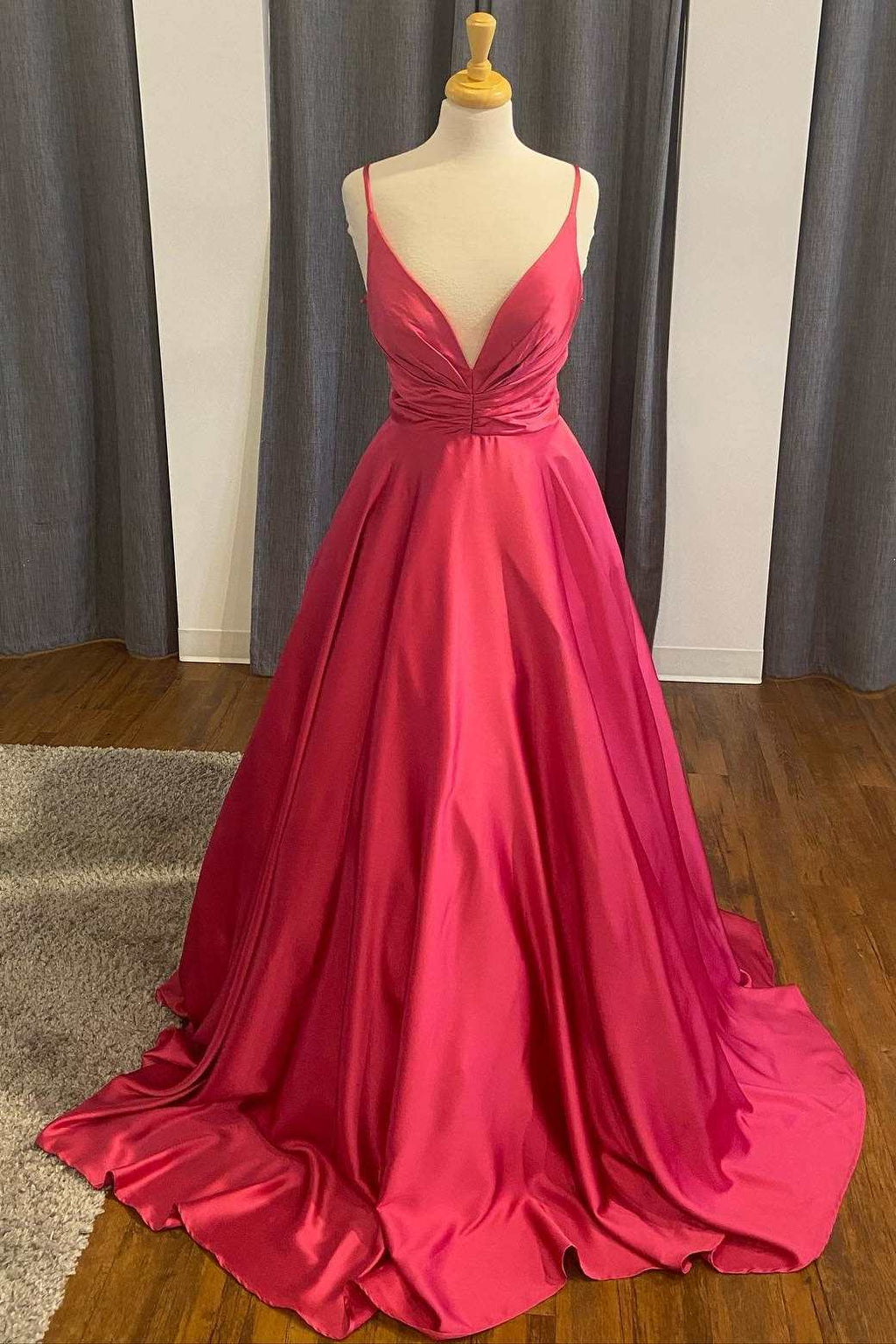 A-Line Red Satin Plunge Neck Long Formal Dress – Dreamdressy