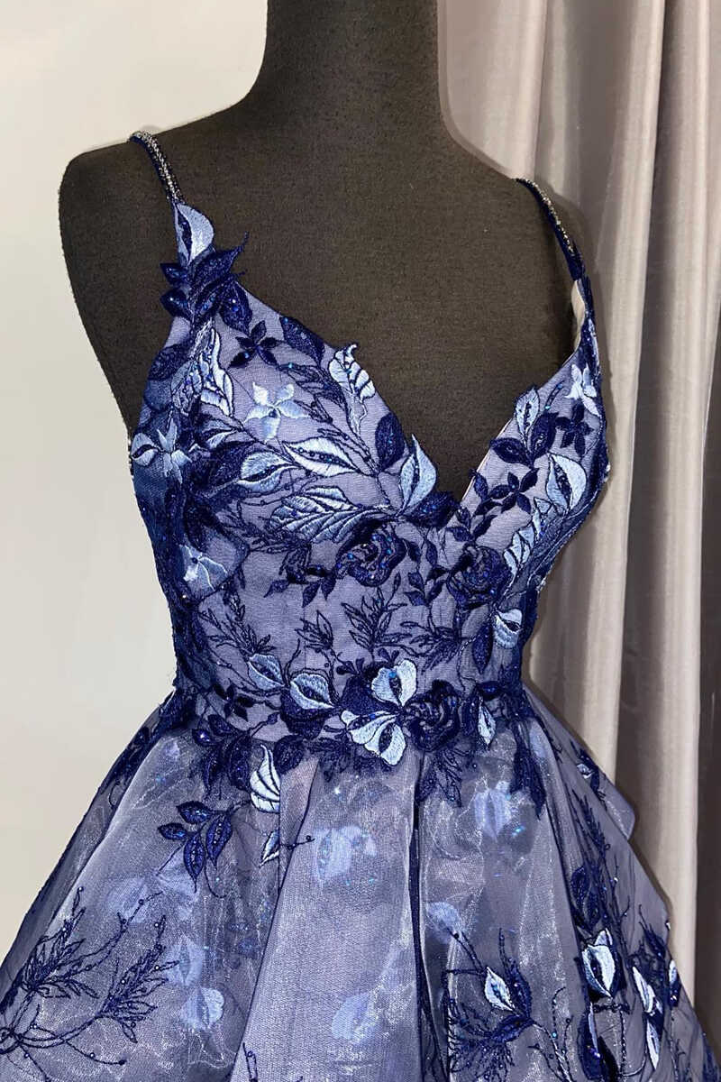 Navy Blue Floral Print A-Line Short Party Dress  Dreamdressy