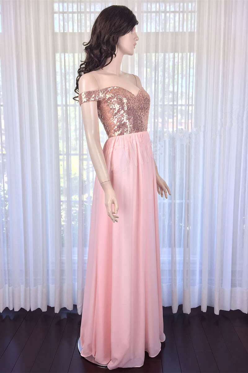 Pink Sequin Off-the-Shoulder Long Bridesmaid Dress – Dreamdressy