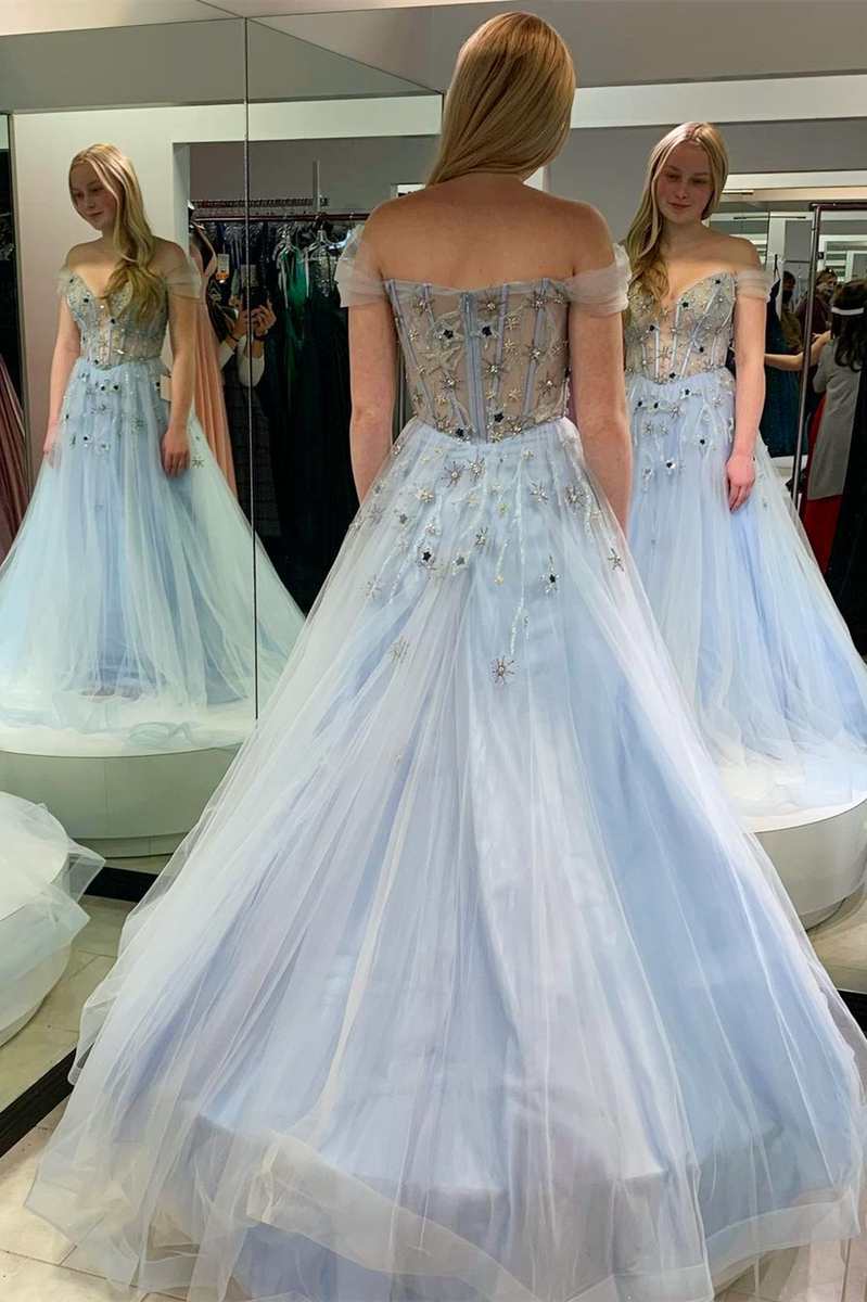 Fairy-Tale Light Blue Tulle Beaded Off-the-Shoulder A-Line Prom Gown Dreamdressy Fairy-Tale Light Blue Tulle Beaded Off-the-Shoulder A-Line Prom Gown Dreamdressy