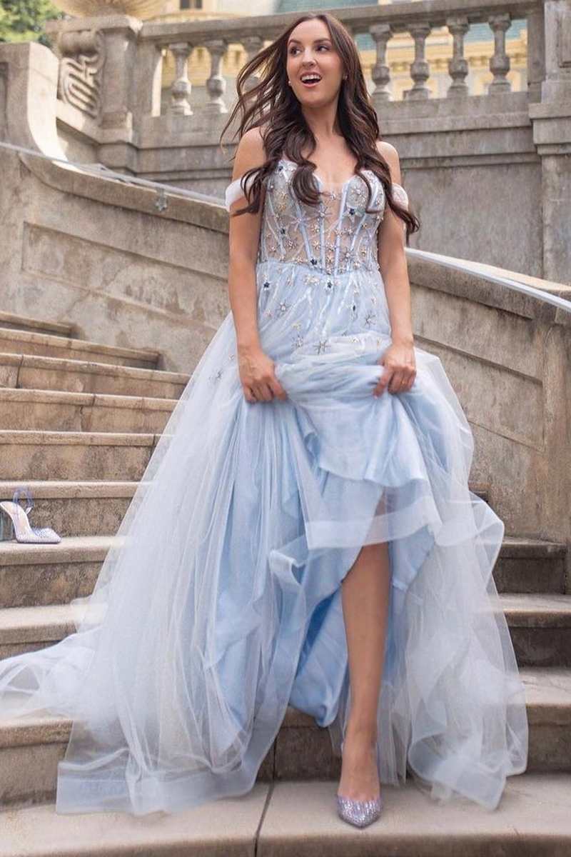 blue dress for baby girl Wedtrend Women Light Blue Prom Dress A Line One Shoulder Sparkly Sequin Tulle Evening Dress with Appliques, Light Blue / US4 main image 1
