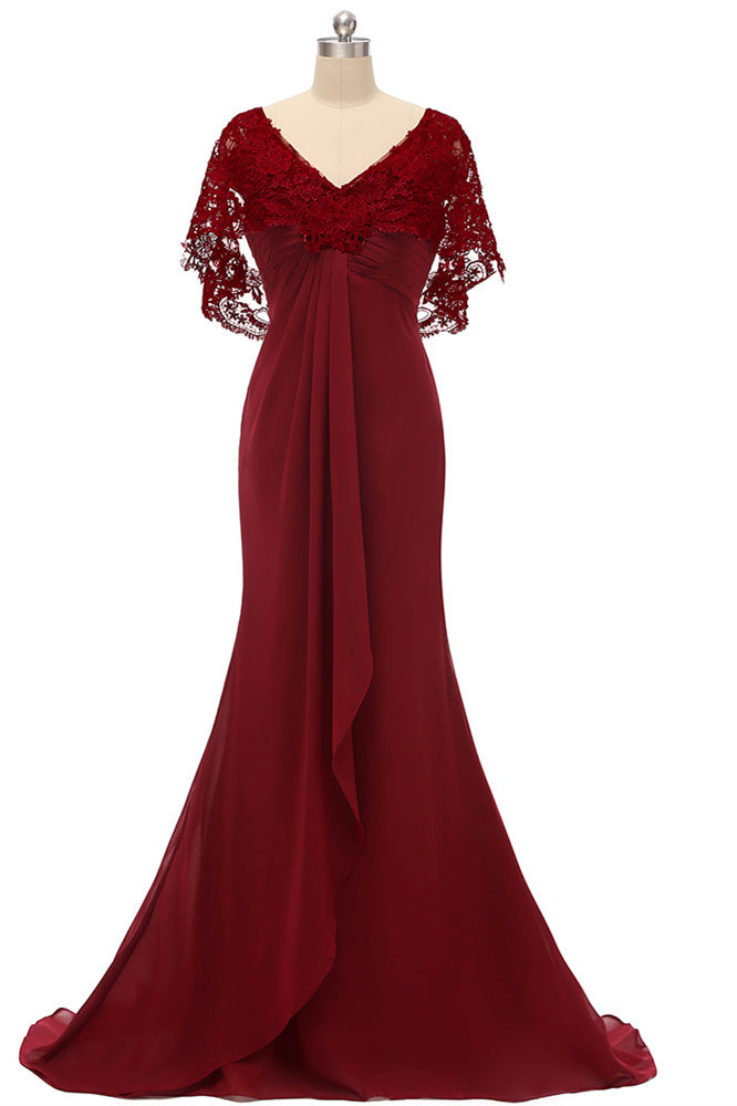 open lace back dress Mermaid Wine Red Ruffled Long Mother of the Bride Dress – Dreamdressy