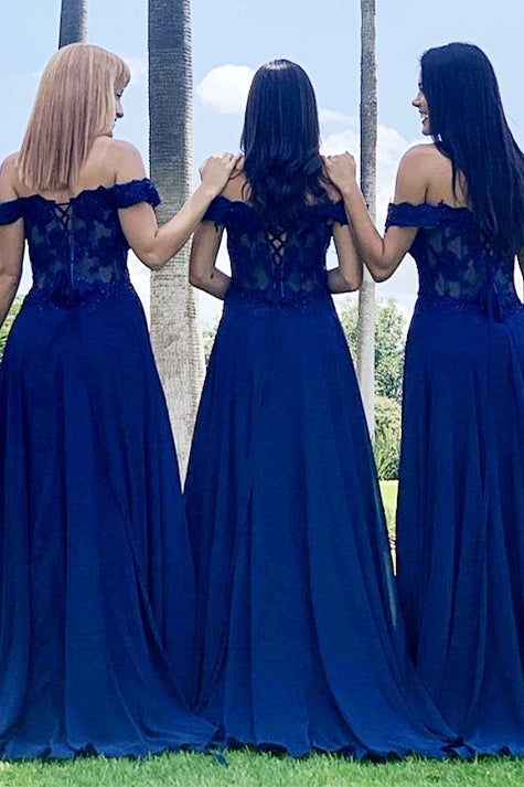 Indigo Lace Off-the-Shoulder A-Line Long Bridesmaid Dress