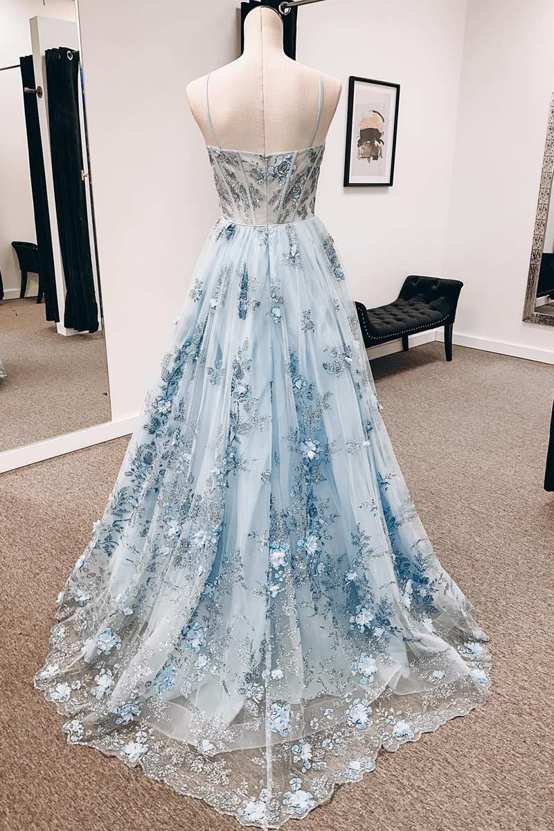 Blue 3D Floral Lace Sweetheart A-Line Long Prom Dress Blue 3D Floral Lace Sweetheart A-Line Long Prom Dress