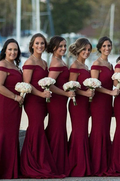 off the shoulder maroon bridesmaid dress Formal A-line Off Shoulder Sleeveless Long Burgundy Bridesmaid Evening main image 0