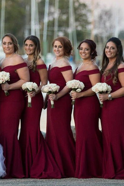 Gorgeous Off Shoulder Burgundy Mermaid Long Bridesmaid Dress  Dreamdressy