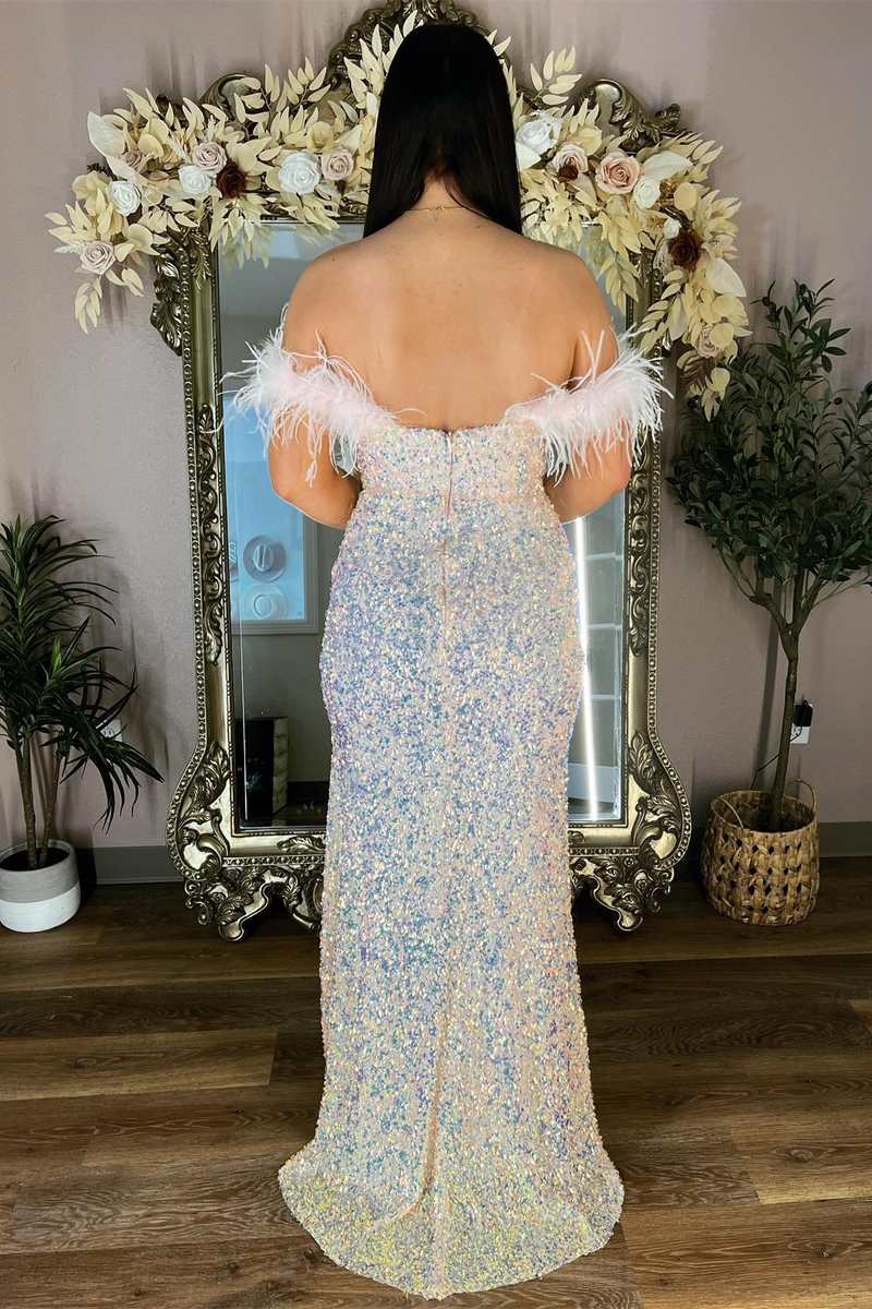 sequin and feather dress Pink Iridescent Sequin Feather Off-the-Shoulder Long Prom Dress with S –  Dreamdressy