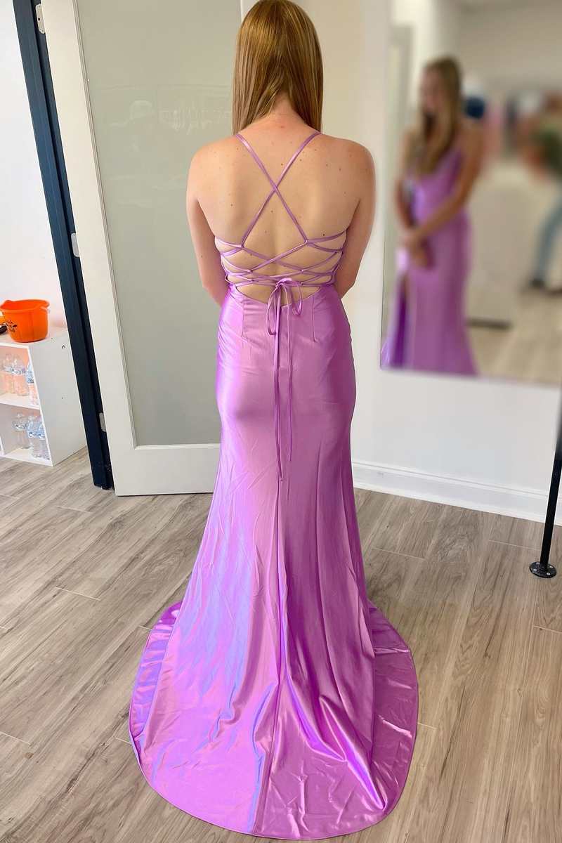 Lilac Cowl Neck Lace-Up Back Mermaid Long Prom Dress with Slit Lilac Cowl Neck Lace-Up Back Mermaid Long Prom Dress with Slit