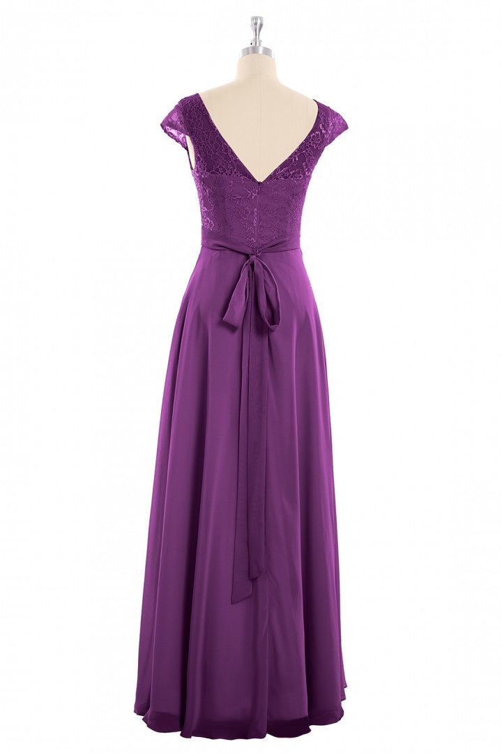 purple lace cap sleeve dress Elegant Purple Lace Cap Sleeve A-Line Long Bridesmaid Dress
