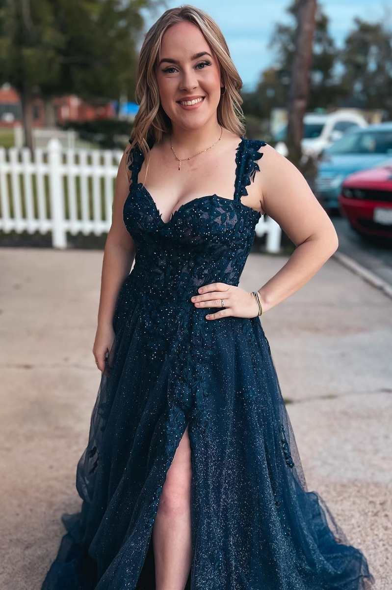 Sweetheart Indigo Straps A-Line Prom Dress with Slit Dreamdressy Sweetheart Indigo Straps A-Line Prom Dress with Slit Dreamdressy