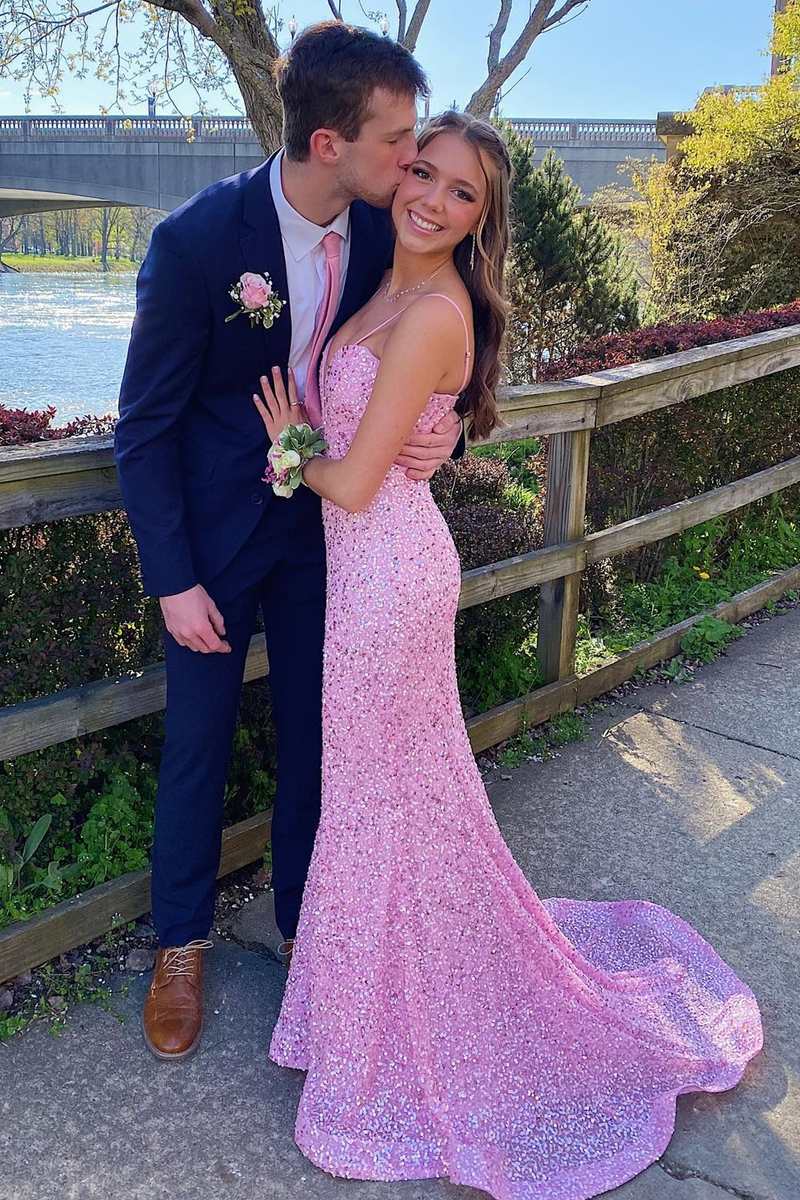 pink sparkly dress prom Lilly Black Mermaid V Neck Beaded Satin Long Dress, Fuchsia / UK 12 Stand out in the crowd in the bold and vibrant hot pink color KissProm Sparkly Orange Sequins Mermaid
