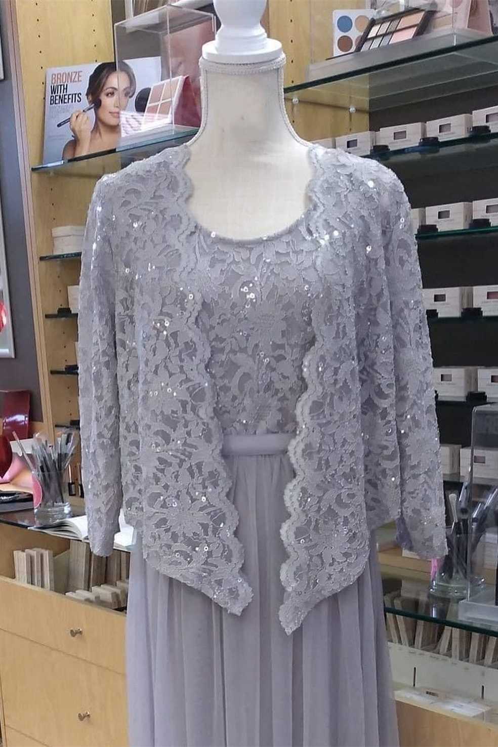 dress cardigan formal Two-Piece Grey Lace Chiffon Round Neck A-Line Formal Dress with Cardig – Dreamdressy