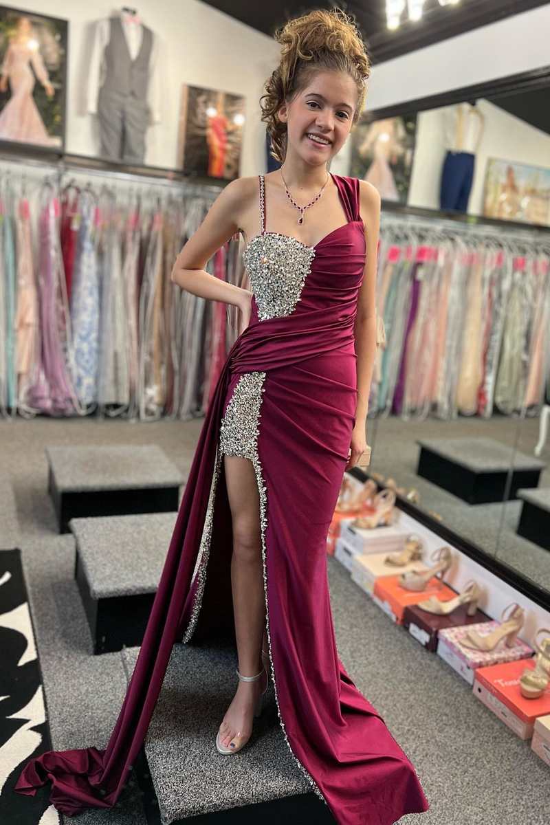 Asymmetrical Magenta Beaded Long Formal Dress with Attached Train Asymmetrical Magenta Beaded Long Formal Dress with Attached Train