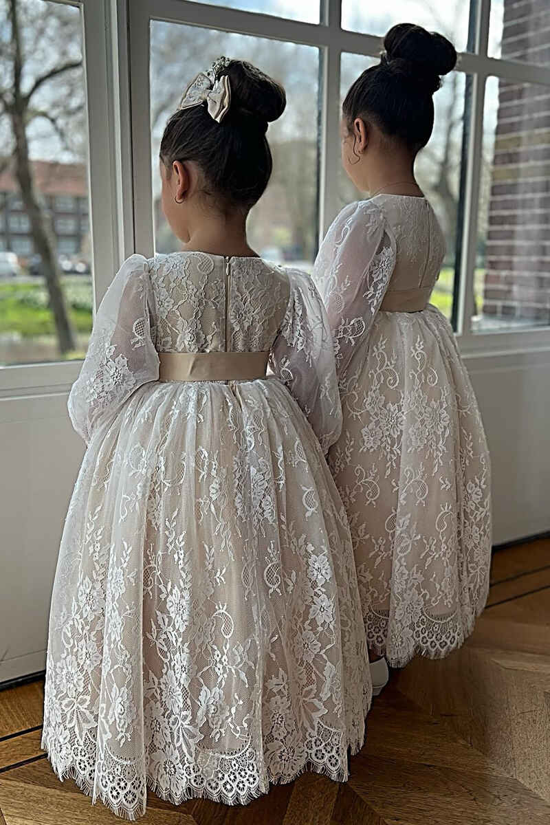 ivory flower girl dresses with sleeves Lace Long Sleeve Pleated A-Line Dress – Dreamdressy Length Embellishment Cute Spring Short Dresses Color:Navy burnout h&m blue dress