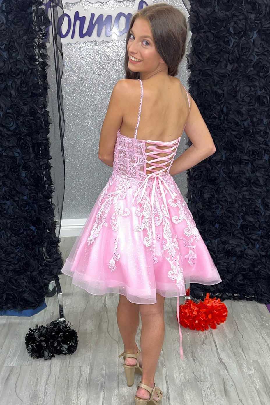 light pink lace homecoming dresses A Line V Neck Short Pink Lace Prom Dresses, Short Pink Lace Formal Hom   jbydress