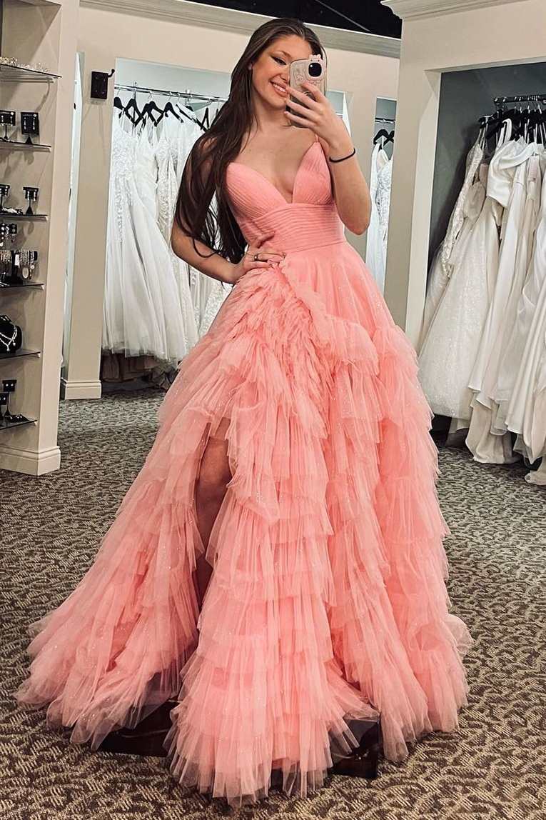Pink V-Neck Empire Waist Tiered Long Prom Dress with Ruffles Pink V-Neck Empire Waist Tiered Long Prom Dress with Ruffles