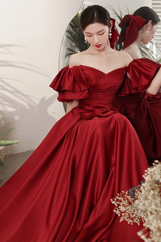 burgundy prom dress a line Burgundy A Line V Neck Lace Prom Dresses With Slit, PL527